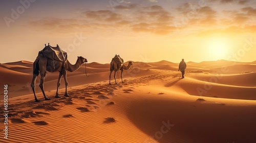 Camels in the Sahara desert at sunset