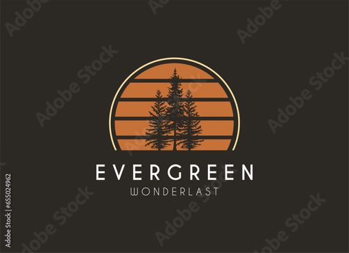 pine evergreen fir hemlock spruce conifer cedar coniferous cypress larch pinus tree forest vintage retro hipster line art Logo design