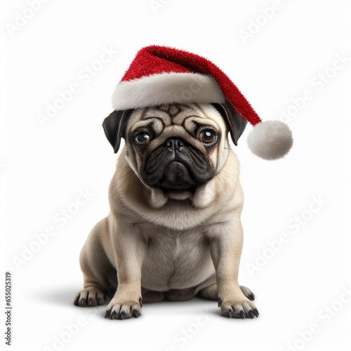 A pug with a Santa Claus hat.