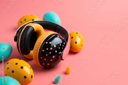 Vibrant eggs with earmuffs and copy space, polka dot Easter eggs wearing hats and headphones. Generative AI