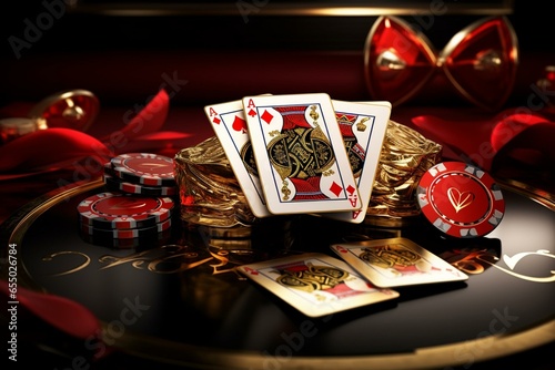 A 3D rendering illustration of casino cards for poker, blackjack, and baccarat with black and red ace symbols in golden metal. Generative AI