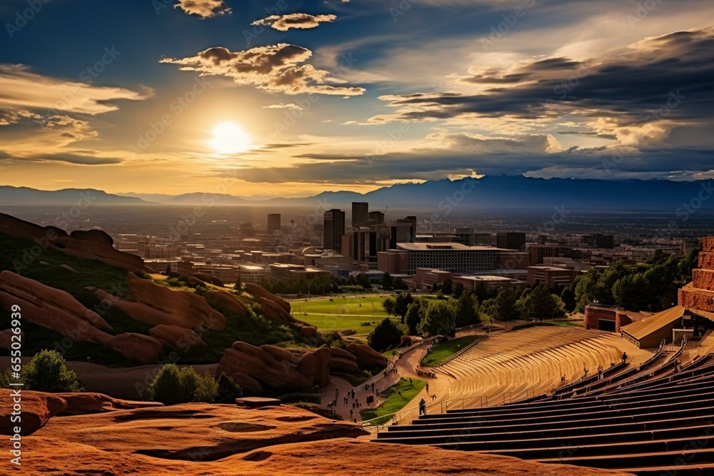 A wide view of Denver, Colorado skyline captured from Red Rocks Amphitheatre. Generative AI - obrazy, fototapety, plakaty 