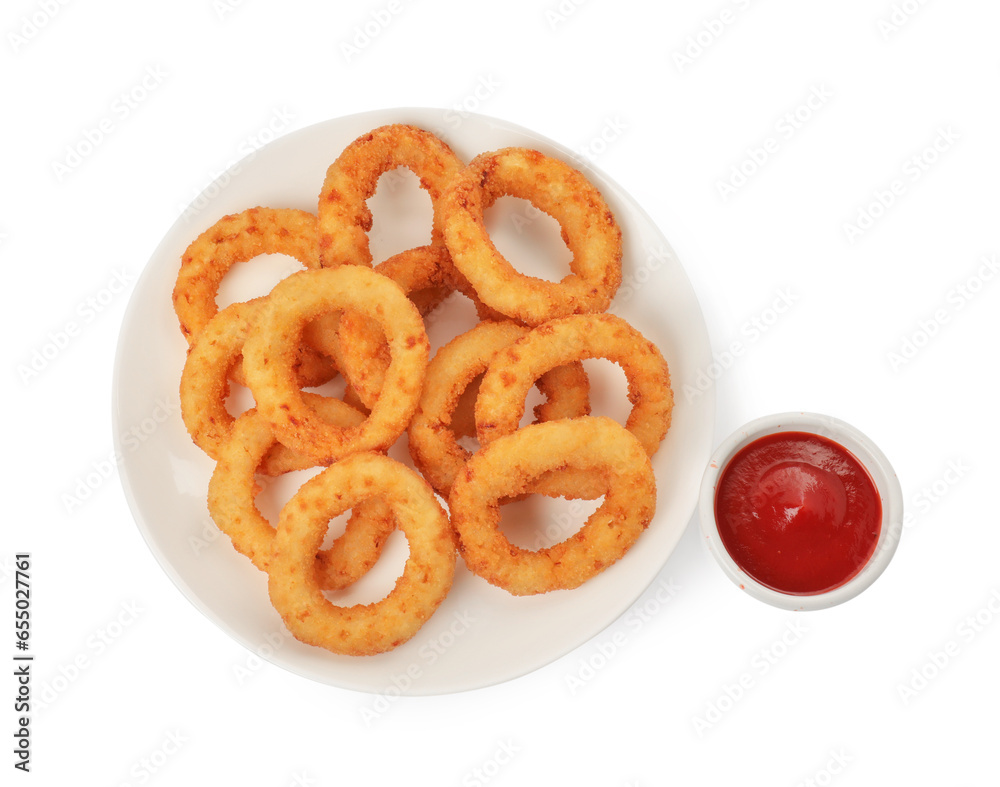 Tasty fried onion rings with ketchup on white background, top view Tasty fried onion rings with ketchup on white background, top view