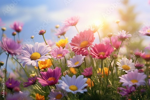 Beautiful nature background with colorful blooming daisy bouquet in meadow field during springtime. Generative AI © Meliora