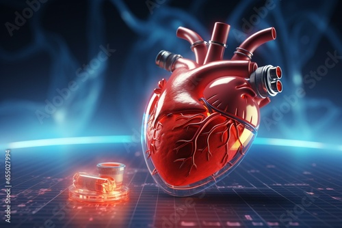 3D rendered image of a cardiac pacemaker alongside a red heart. Generative AI