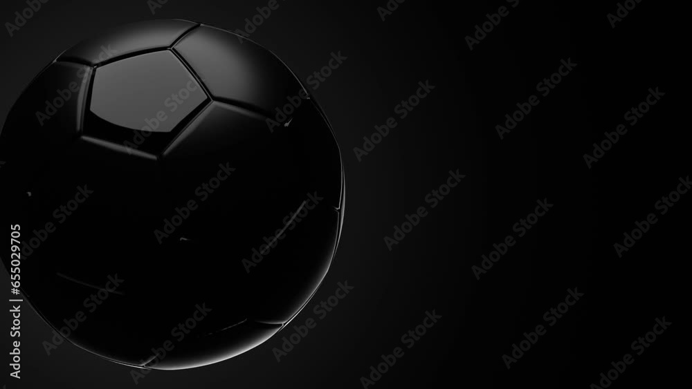 Black soccer ball on black text space.
Loop able 3d animation for background.