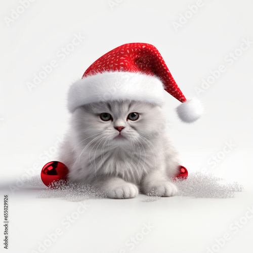A Cat with a Santa Claus hat.