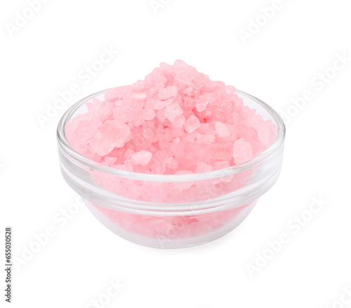 Glass bowl with pink sea salt isolated on white