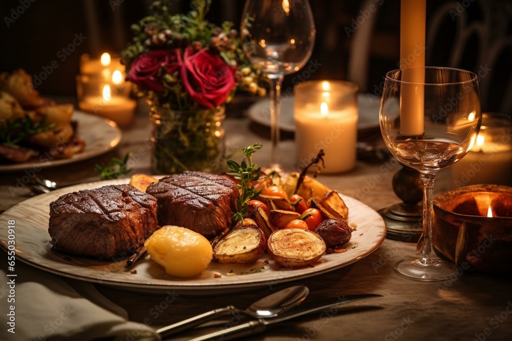 A table illuminated by candles with a delicious meal of beef, roasted potatoes, and elegant candle holders. Generative AI