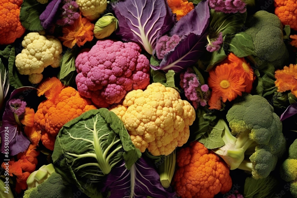 Vibrant cauliflower on lush backdrop. Overhead perspective. Generative AI - obrazy, fototapety, plakaty 