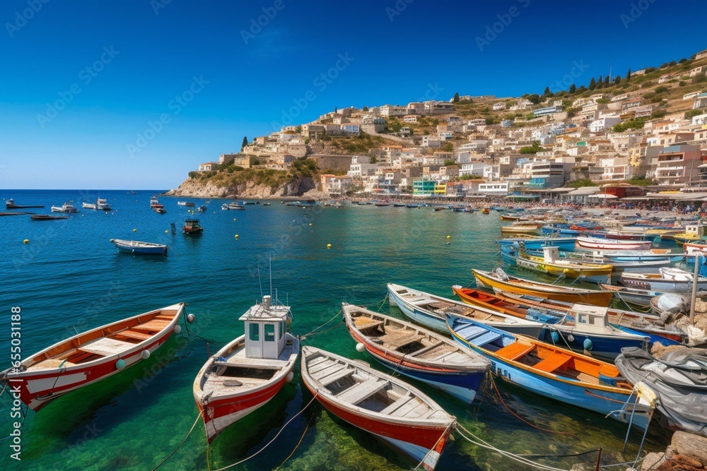 Breathtaking seaport view with numerous boats nestled near the Mediterranean coastline. Generative AI