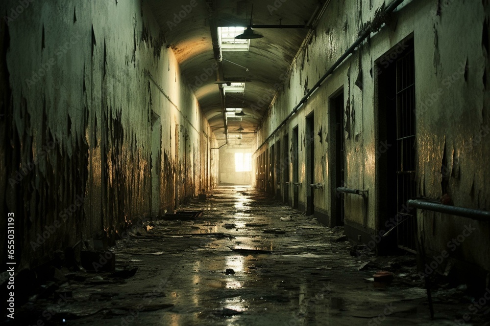 Old, run-down mental institution inside deserted structure; dirty corridor. Generative AI