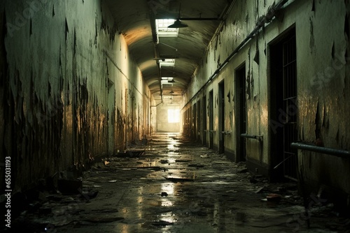 Old, run-down mental institution inside deserted structure; dirty corridor. Generative AI
