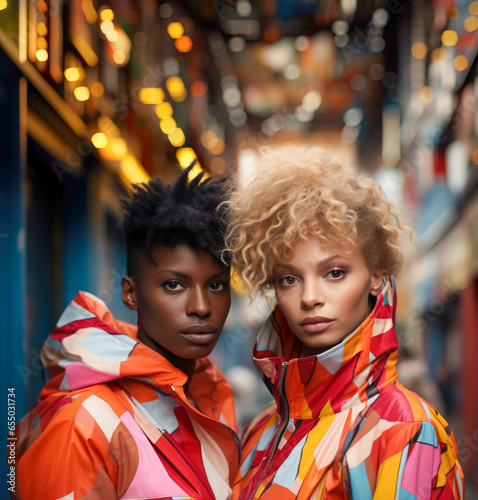 Portrait of a queer model couple in futuristic high fashion clothing on the street.