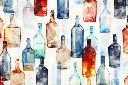 Pattern featuring alcohol bottle silhouettes and watercolor effects. Generative AI