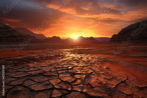 Sunrise in dry terrain. Generative AI © Annelise