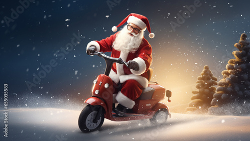 Santa Claus riding scooter in snow. Christmas and new year concept generativa IA © Victor
