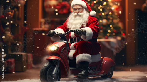 christmas, holidays and people concept - man in costume of santa claus driving scooter over christmas tree background generativa IA