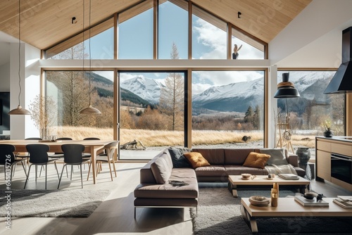 Contemporary Scandinavian interior with expansive mountain view through large windows. Generative AI © Adira