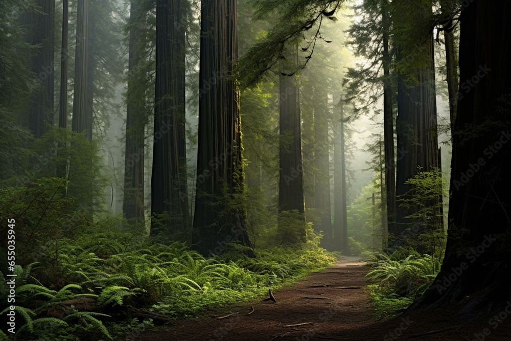 Artwork depicting Simpson-Reed grove of Coast Redwoods in Jedediah Smith State Park, part of Redwood National and State Parks, California. Generative AI - obrazy, fototapety, plakaty 