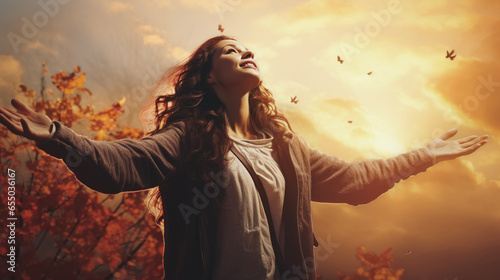 woman Praise sunset fall outdoors