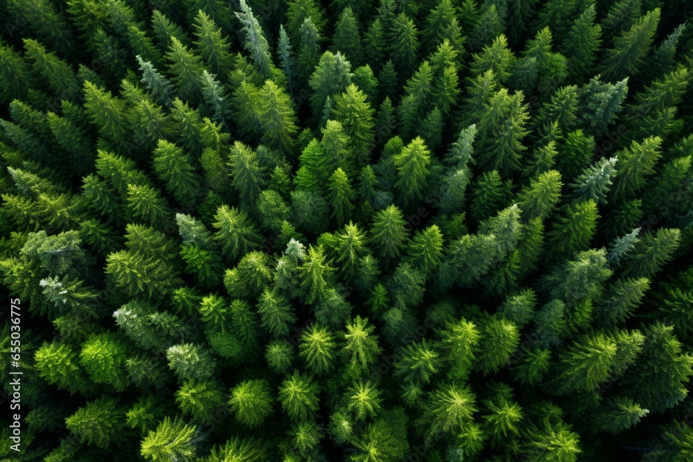 Overhead perspective of Scandinavian evergreen woodland captured by a drone. Generative AI - obrazy, fototapety, plakaty 