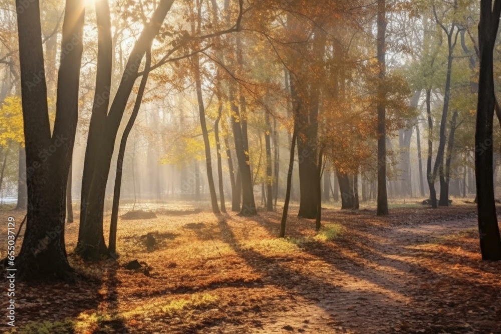Misty autumn forest morning with sunlight piercing through fog in a panoramic October park view. Generative AI