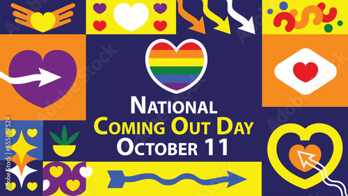 National Coming Out Day vector banner design with geometric shapes and vibrant colors on a horizontal background. Happy National Coming Out Day modern minimal poster.