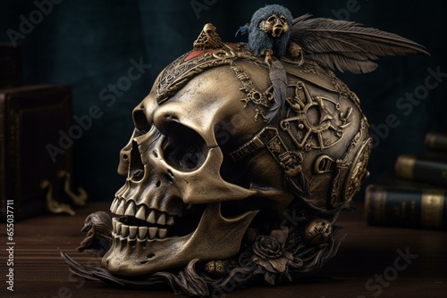 Mystical crow sorcery pirate skull. Generative AI
