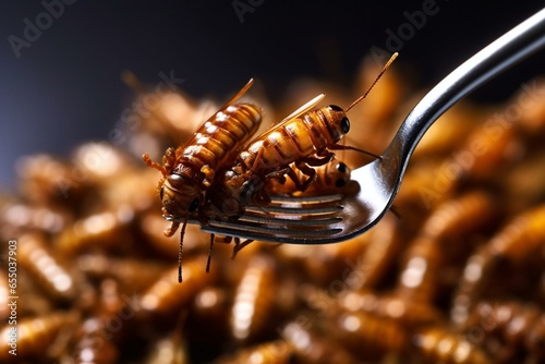 Fried insects on fork, mealworms as protein-filled snack. Insectivory, entomophagy concept. Close-up view. Generative AI © Phoenix