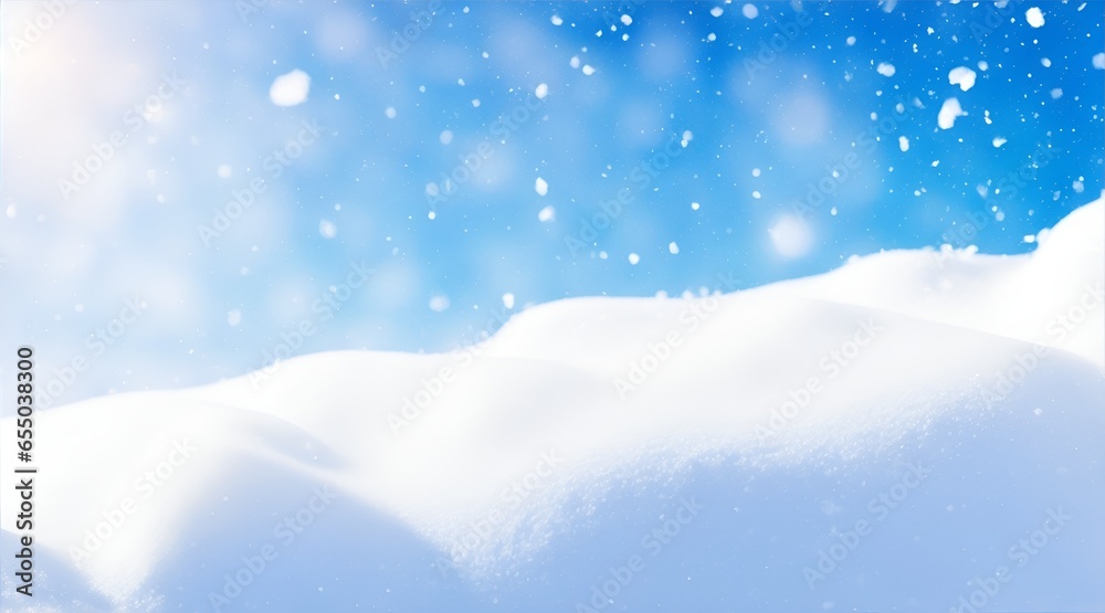 close up Winter snow background with snowdrifts, with beautiful light and snow flakes on the blue sky in the evening, banner format, copy space. close up Winter snow background with snowdrifts, with beautiful light and snow flakes on the blue sky in the evening, banner format, copy space.