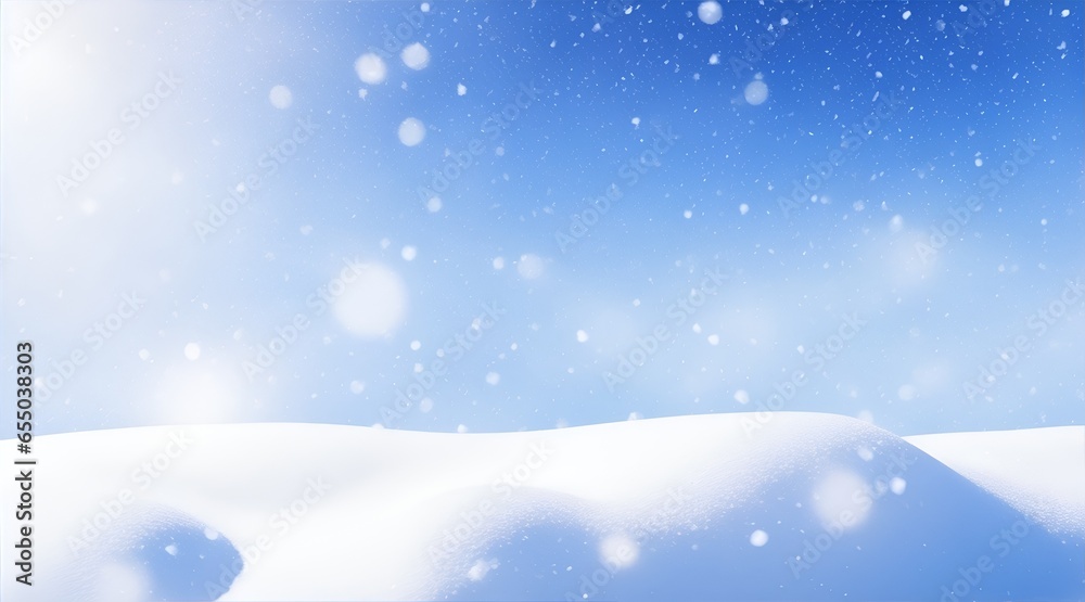 close up Winter snow background with snowdrifts, with beautiful light and snow flakes on the blue sky in the evening, banner format, copy space.