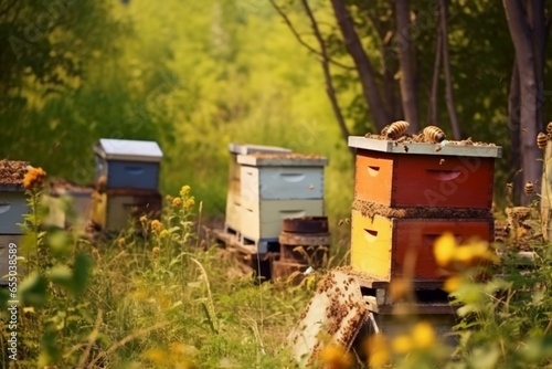 Country apiary. Beehives. Natural honey. Wild honey. Bees at the apiary. Bees gather honey in the meadow. Generative AI © Daxton