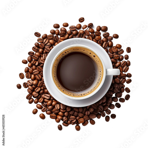 cup of black coffee with coffee beans, top view isolated on a white background