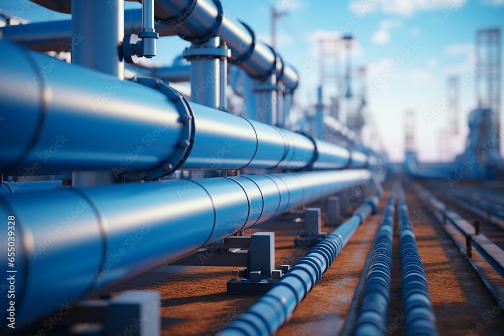 Close-up of pipeline with blurred background refinery. Generative AI