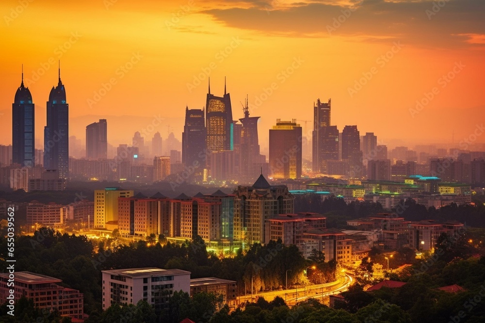 A scenic view of a city skyline at dusk, showcasing the Zifeng Building in Nanjing, Jiangsu, China. Generative AI