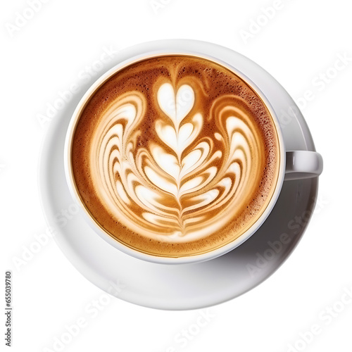 coffee cup latte art, top view isolated on a white background