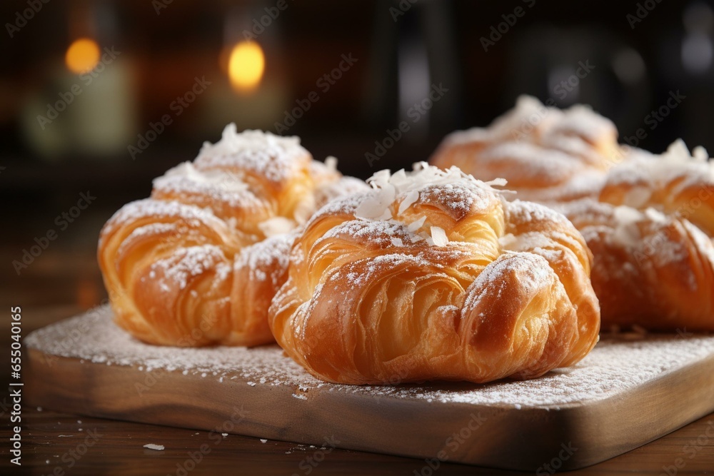 Yummy pastries with creamy filling and sugar on a wooden table, closeup. Generative AI