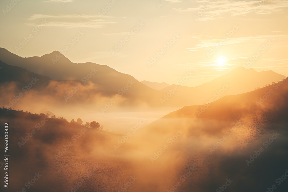 fog below the mountaintops, in the style of light yellow and orange, romantic soft focus