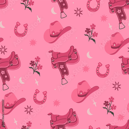 Seamless pattern in pink colors with cowboy hats, saddles and horseshoes. Vector graphics.