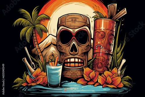 Hawaiian-themed t-shirt print featuring a surfboard, cocktail, and tiki mask. Perfect for a tropical beach or tiki bar. Generative AI