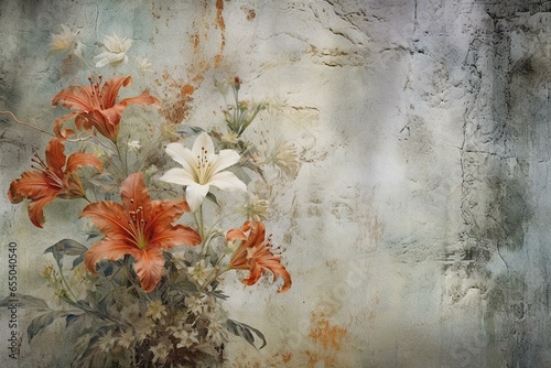 Floral artwork on rugged wall  ideal for interiors, wallpaper, posters, cards, packaging. Generative AI © Vesper