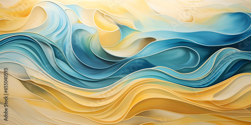 Smooth blue and yellow wave abstract painting. 