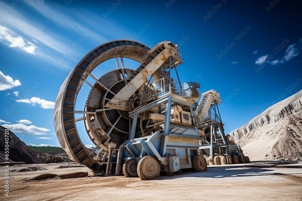 Close-up details of stone crushing equipment at the mining factory in a cloud of dust against the blue sky. Quarry mining machinery. Generative AI