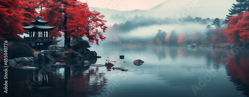 peaceful calm lake in autumn.. Red trees. © Erik