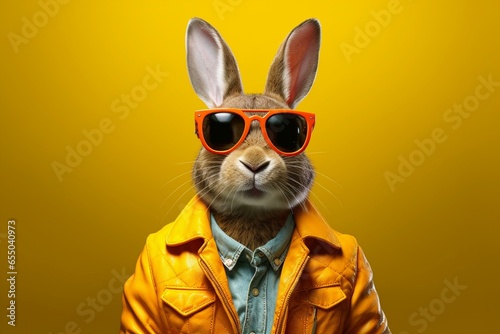 A rebellious bunny with shades and a cool jacket on a vibrant background. Generative AI