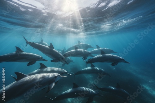group of dolphins swimming beneath the water s surface. Generative AI
