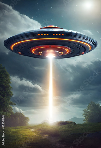 UFO hovering over Earth with beam going down to abduct and Earthling