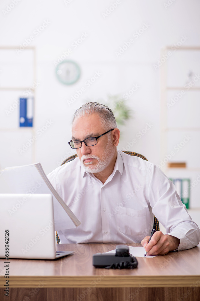Old male employee working in the office Old male employee working in the office