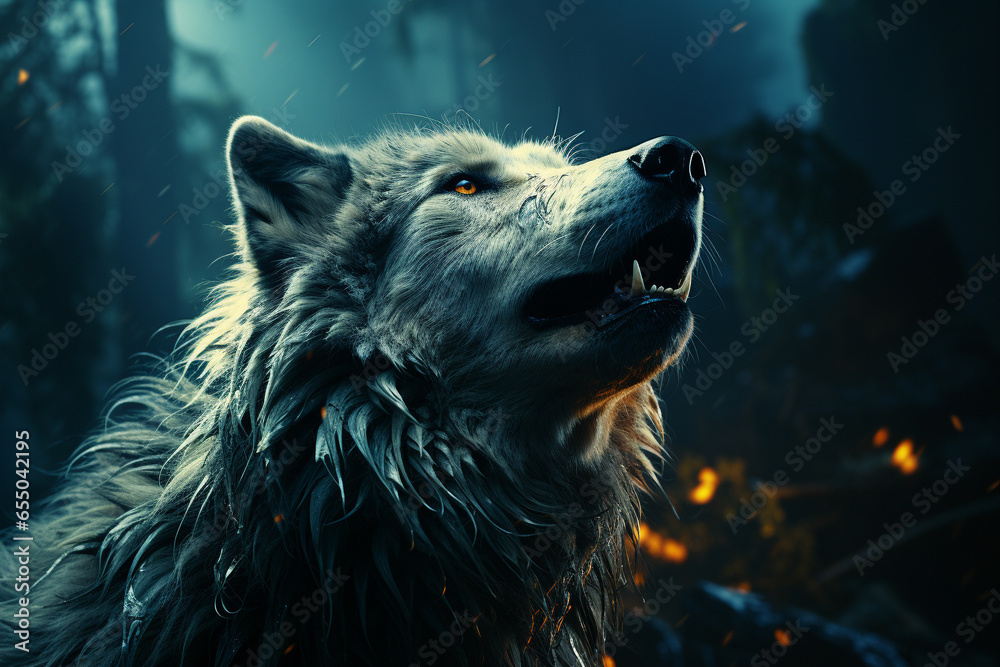 a wolf howling in the night full moon forest. 